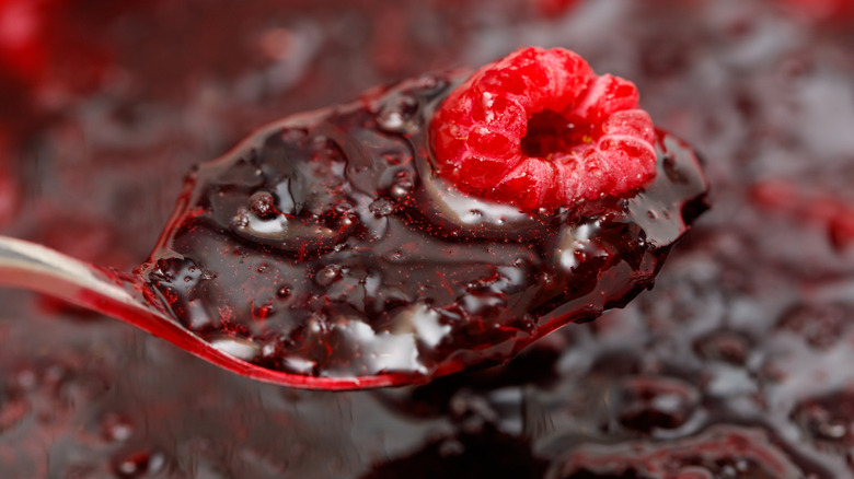 A closeup of a spoon holding raspberry sauce with a whole raspberry floating in it.