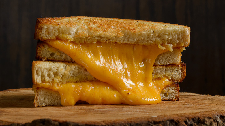 A closeup of a melty cheddar grilled cheese on a wooden plank