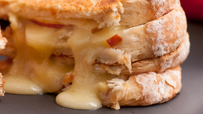 A closeup of melted brie cheese running out of a sandwich