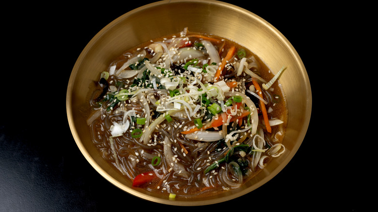 japchae in metal bowl