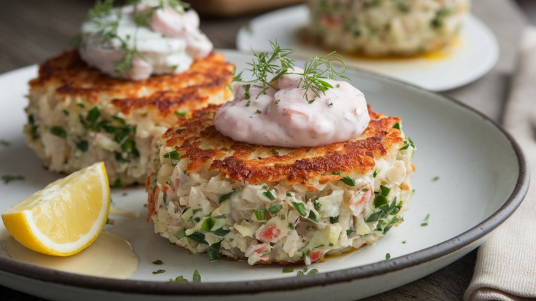 Pink tartar sauce on crab cakes with dill and lemon