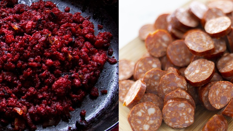 Mexican-style chorizo in a black pan and sliced Spanish-style chorizo on a wooden board