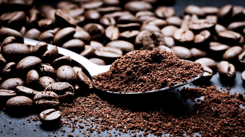 Close-up of spoonful of ground coffee with some spilled on a black surface with whole coffee beans in the background
