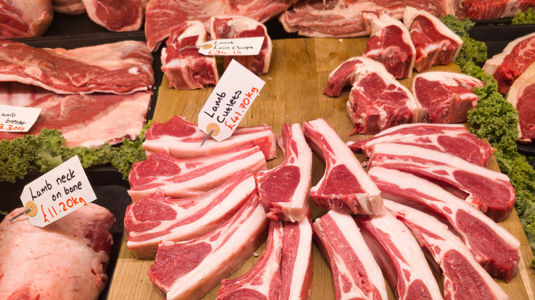 An array of lamb cuts with price tags
