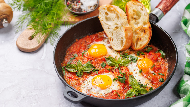 Pan with eggs cooked in tomato sauce, fresh basil garnish, and toasted bread