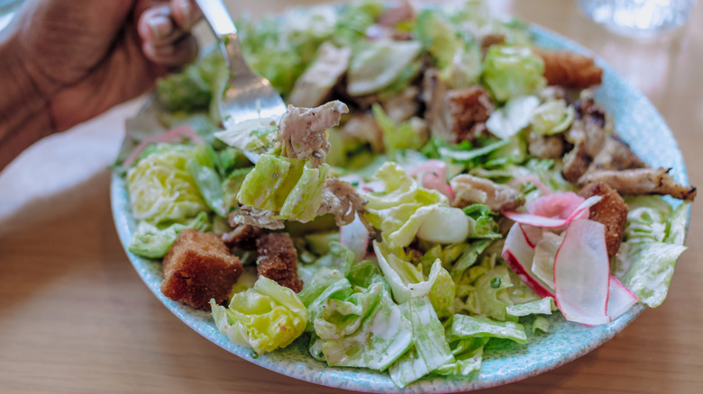 hand holding fork over plate of chopped salad