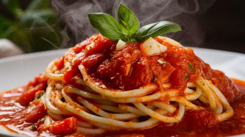 Spaghetti with tomato sauce and fresh basil