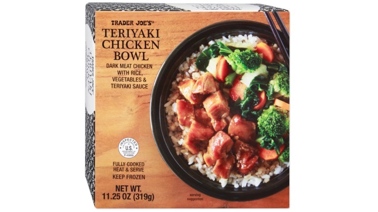 Box of Trader Joe's frozen Teriyaki Chicken Bowl on a white background