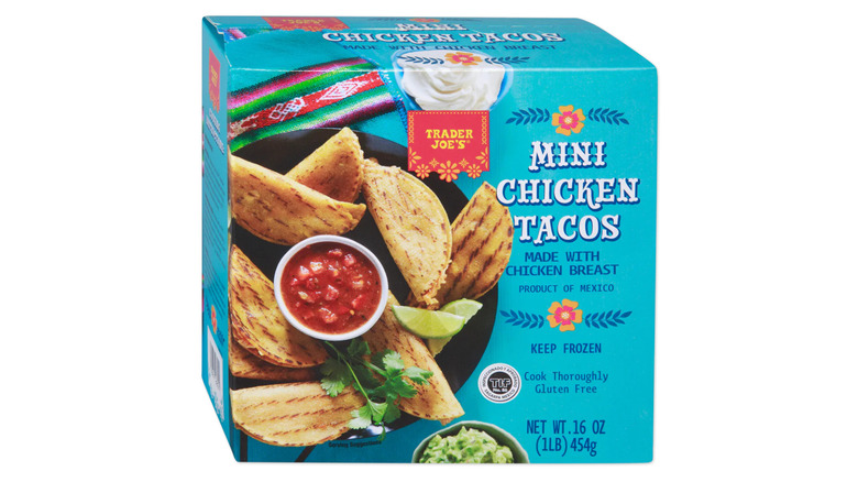 A box of Trader Joe's Mini Chicken Tacos on a white background.