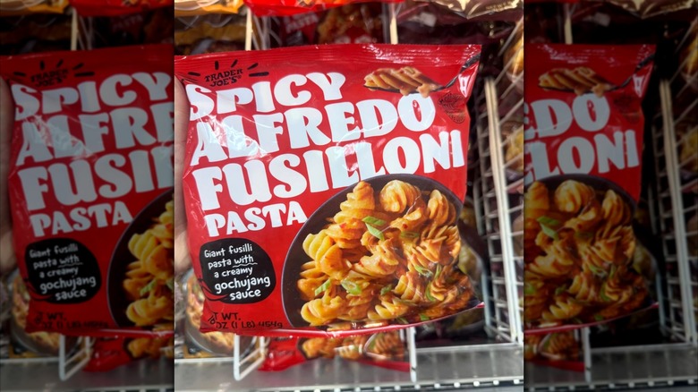 A package of Spicy Alfredo Fusilloni Pasta in the frozen section at Trader Joe's