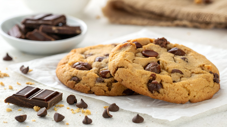 Two chocolate chip cookies with chocolate spread around
