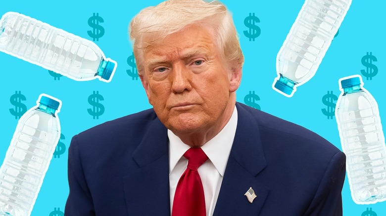 Donald Trump surrounded by bottled water and dollar signs.