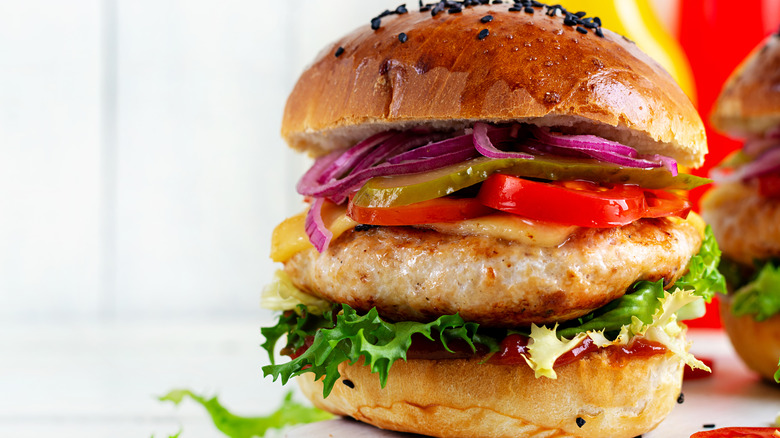 A burger made with a poultry-based patty