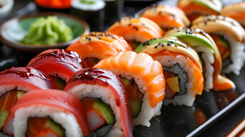 An arrangement of sushi close up