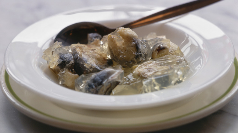 A dish of jellied eels served on a table.