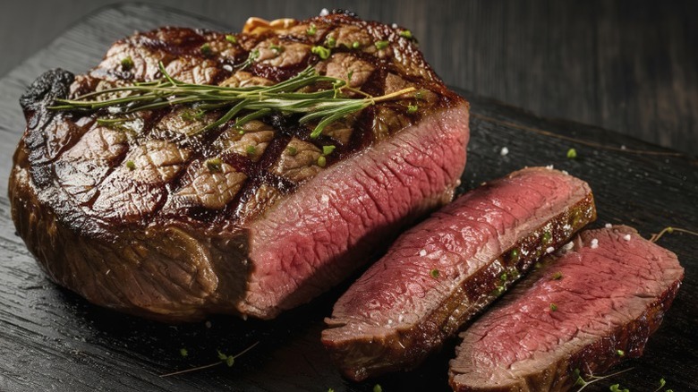 A grilled sirloin steak, sliced and cooked medium rare.