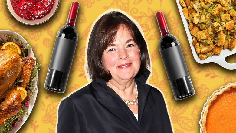 Ina Garten with bottles of wine and Thanksgiving dishes