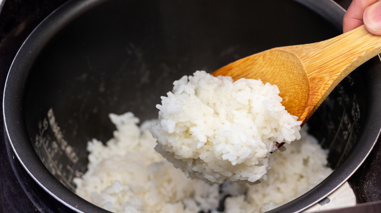 Hand spooning rice out of rice cooker with wooden rice paddle