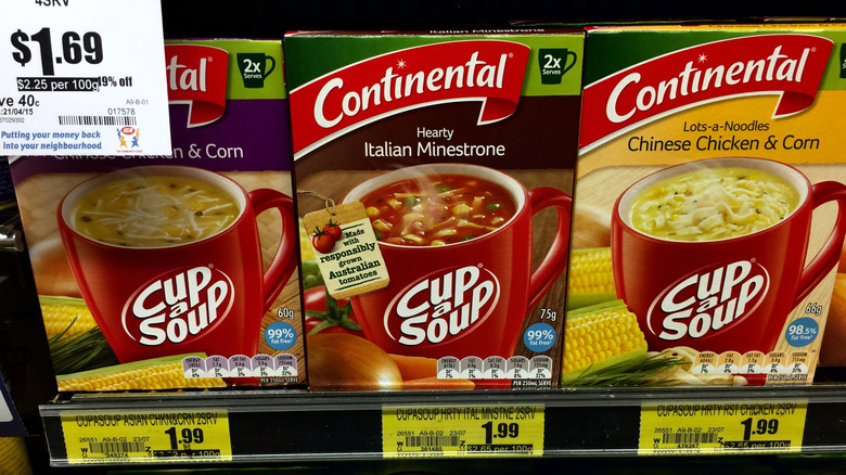 Boxes of various instant soup packets.