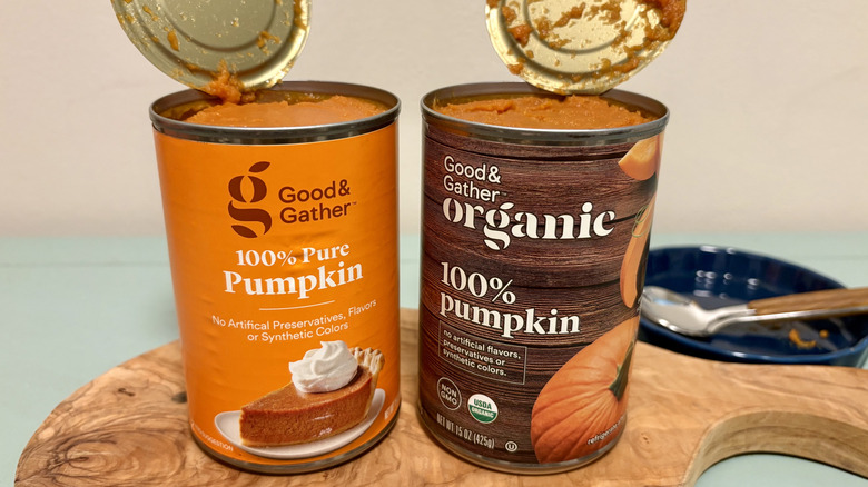 Cans of Target Good & Gather brand pumpkin