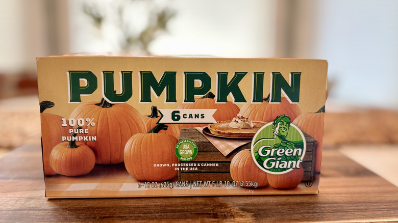 A box of Green Giant brand canned pumpkin
