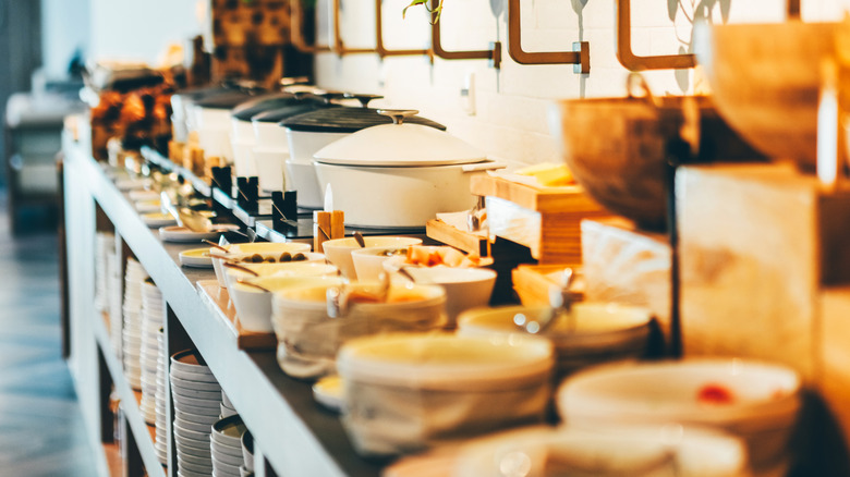 A long buffet counter with hot and cold foods in pots and bowls.