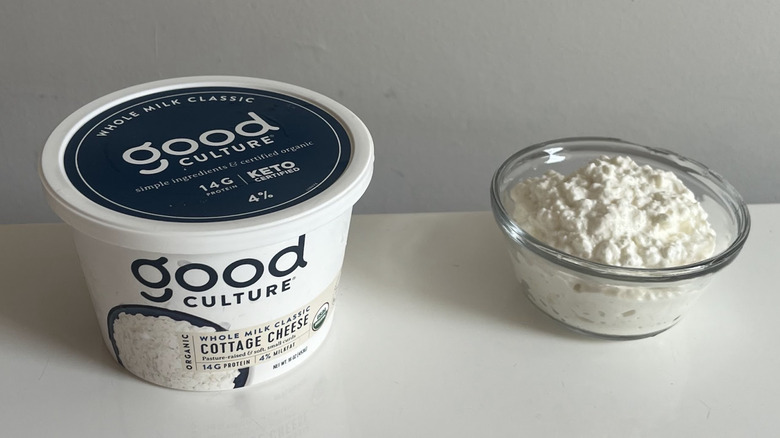 A tub and bowl of Good Culture cottage cheese