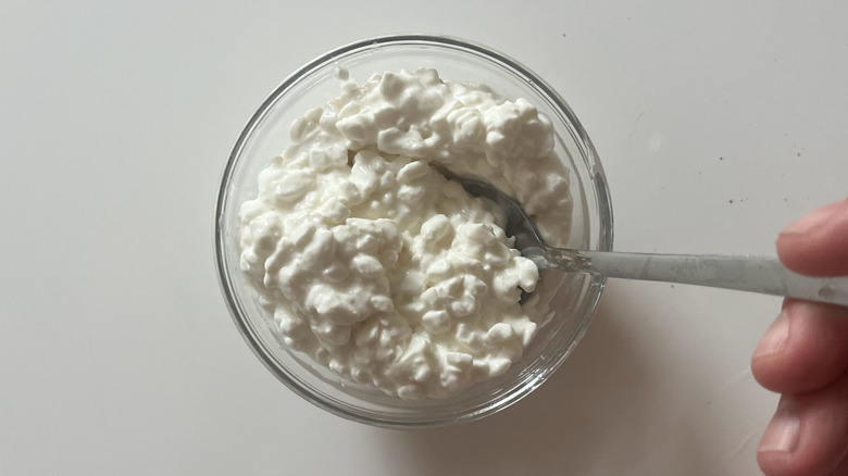 A hand holding a spoon with cottage cheese