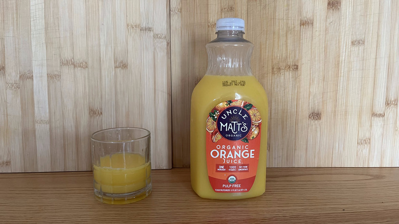 A bottle of Uncle Matt's orange juice