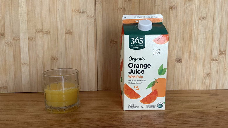 A carton of 365 organic orange juice