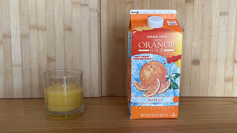 A carton of Trader Joe's orange juice from concentrate