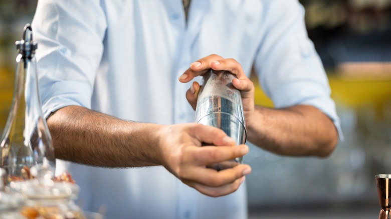 A bartender shaking a cocktail.