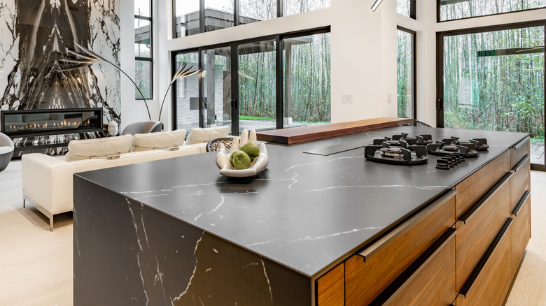 An ultra modern kitchen concept with granite countertops and marble fireplace.