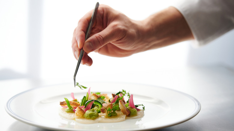 Close up of chef's hand garnishing plate with herbs