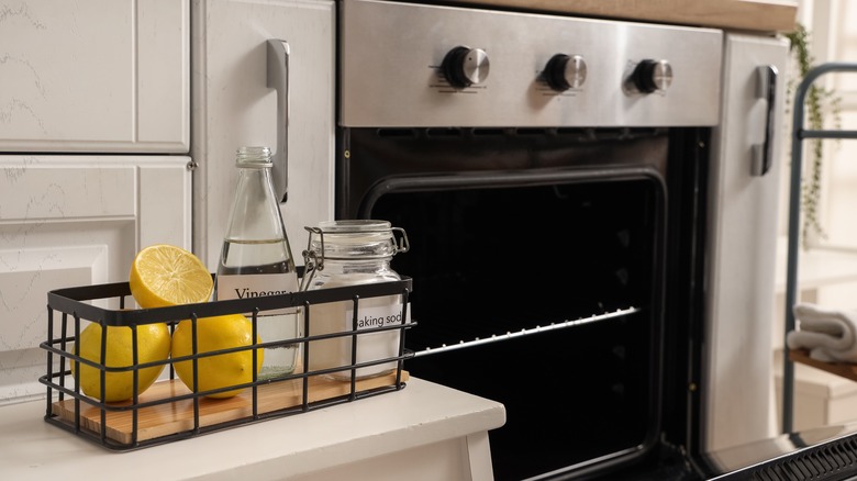 Vinegar baking soda and lemons by a stainless steel oven