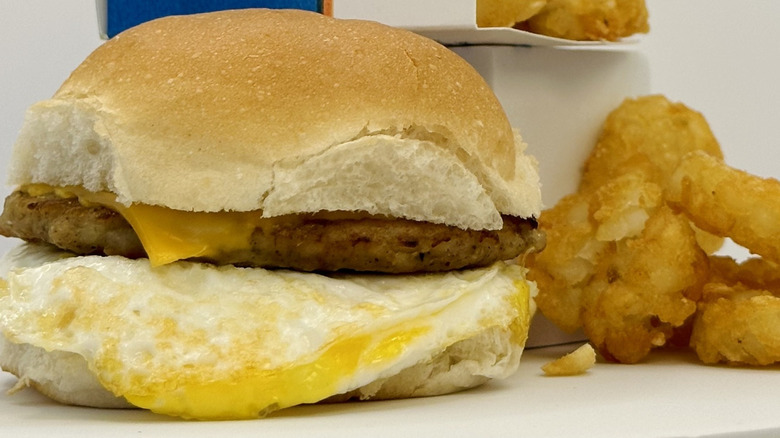 A White Castle breakfast slider with a side of hash brown nuggets
