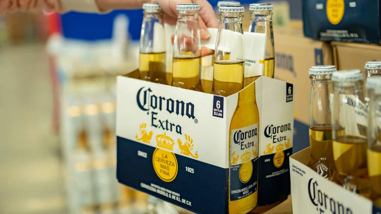 hand holding a six-pack of Corona Extra