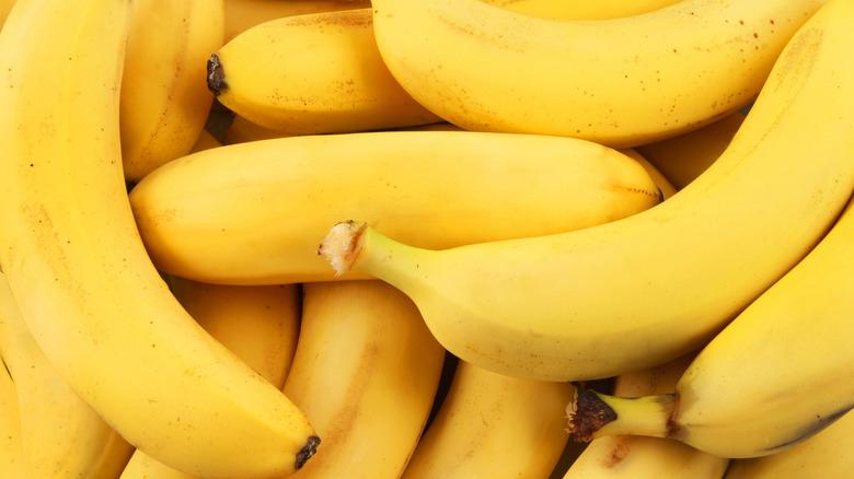 Close-up of multiple ripe, fresh bananas