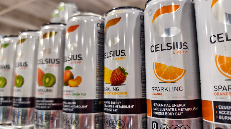 Cans of Celsius energy drinks on a grocery store shelf