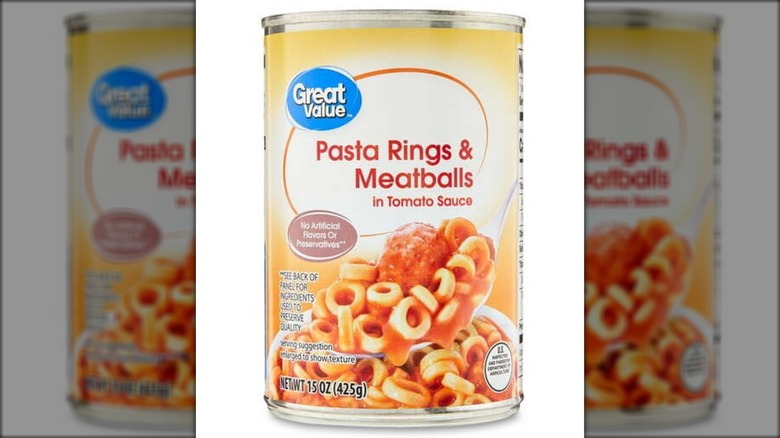 Can of Great Value Pasta Rings & Meatballs in Tomato Sauce
