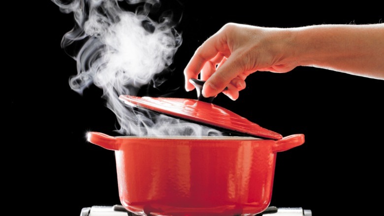 A steaming Dutch oven, which is often used for slow cooking.