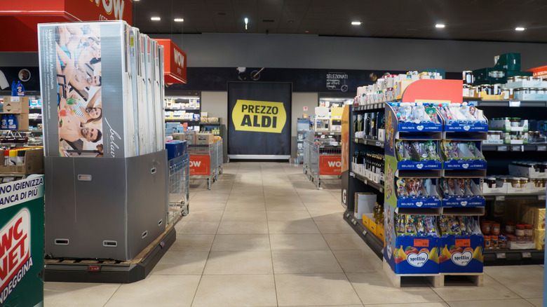 Interior of an Aldi store with aisles of products