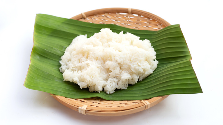 sticky rice with banana leaf and bamboo steamer