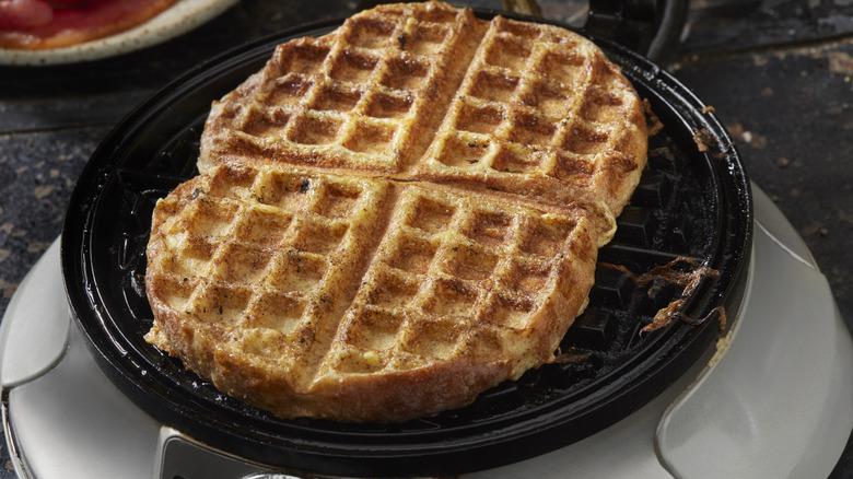 French toast waffles freshly cooked on a waffle iron