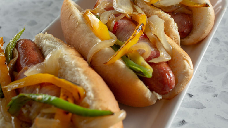 hot dogs with peppers and onions