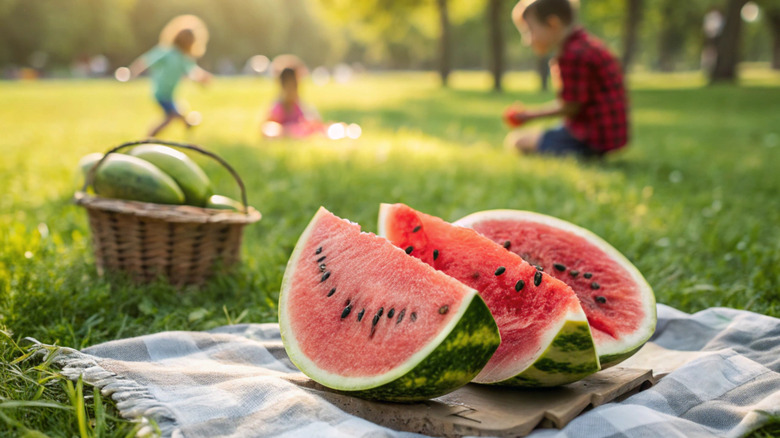 Watermelon cut in three large pieces on a blanket placed on the grass at a park, with children playing in the background