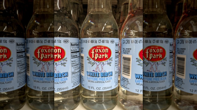 Bottles of white birch flavored Foxon Park sodas