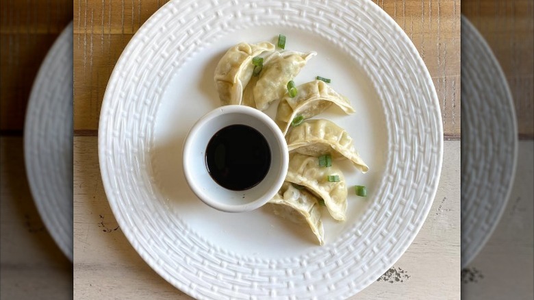 A plate of Trader Joe's chicken gyoza potstickers.