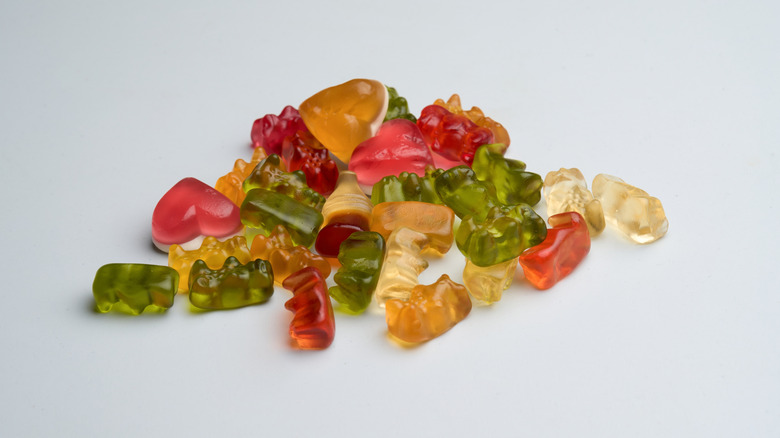 A small pile of Haribo gummy candies, including bears and hearts