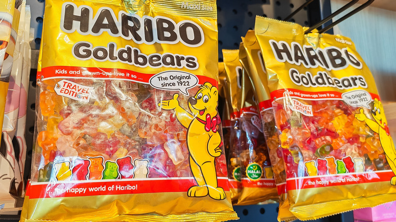 Bags of Haribo gummy bears in a store
